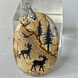 Picture Jasper Oval Animal Pendant Etched Stone Eagles Deer Pine Fir Trees 1.9"